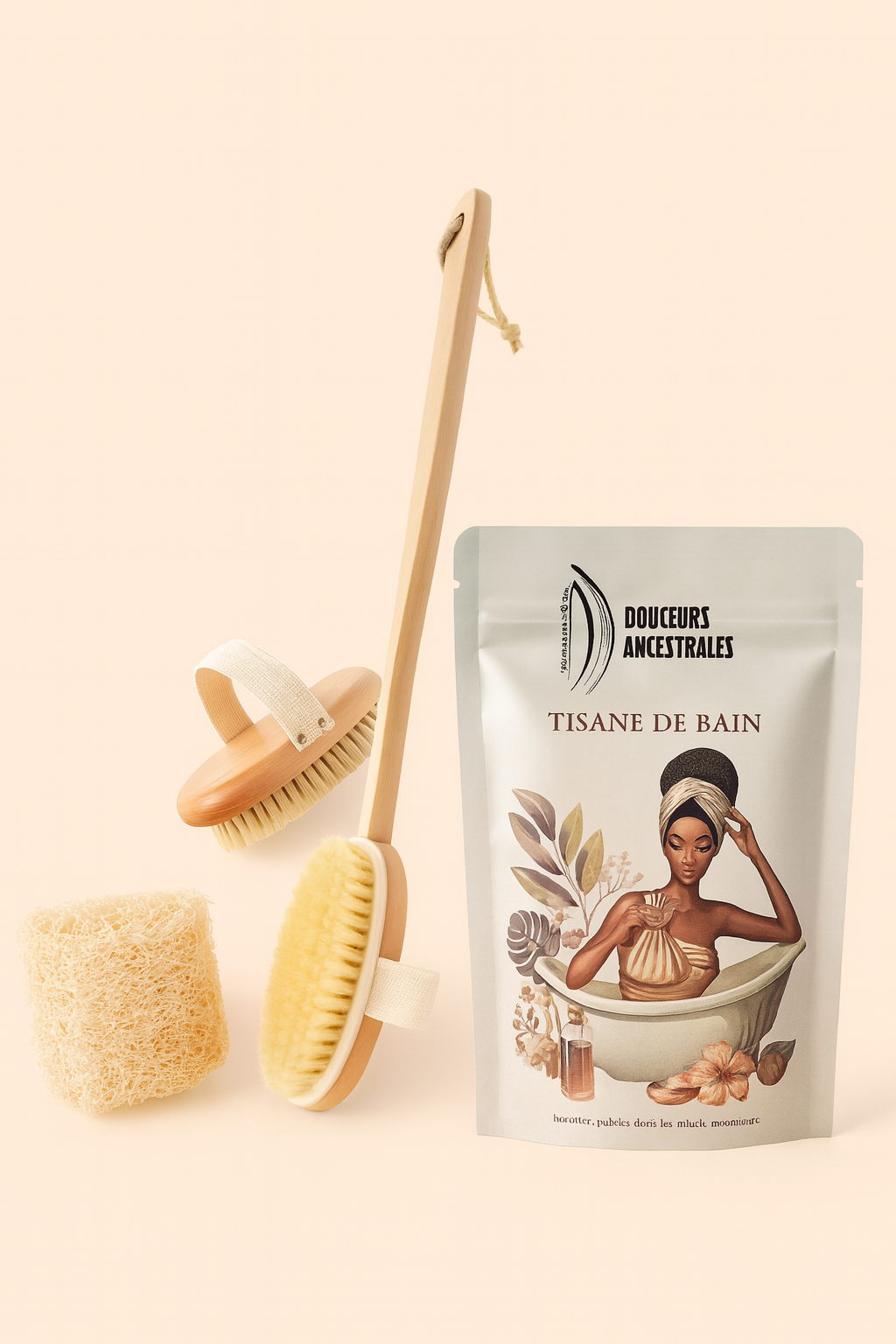 Rituel Bain Complet – Tisane relaxante + Loofah exfoliant + Brosse de brossage à sec