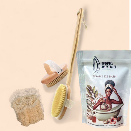 Rituel Bain Complet – Tisane relaxante + Loofah exfoliant + Brosse de brossage à sec